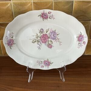Favolina Floral Design Purple & Red Roses Scallop Edge Platter 13 1/4" by 9 1/2"